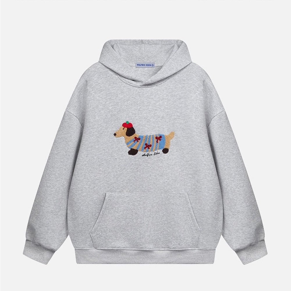 NWT AELFRIC EDEN Cartoon Embroidered Dachshund Hoodie, Light Grey, XS